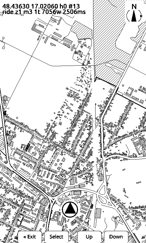 X4 panel drawing a town: outlined buildings with dithered interiors, hatched forest, roads of different widths