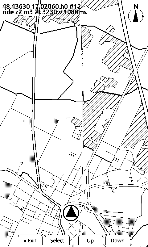 X4 panel at wider zoom: the village as a single stippled built-up area with hatched forest around it